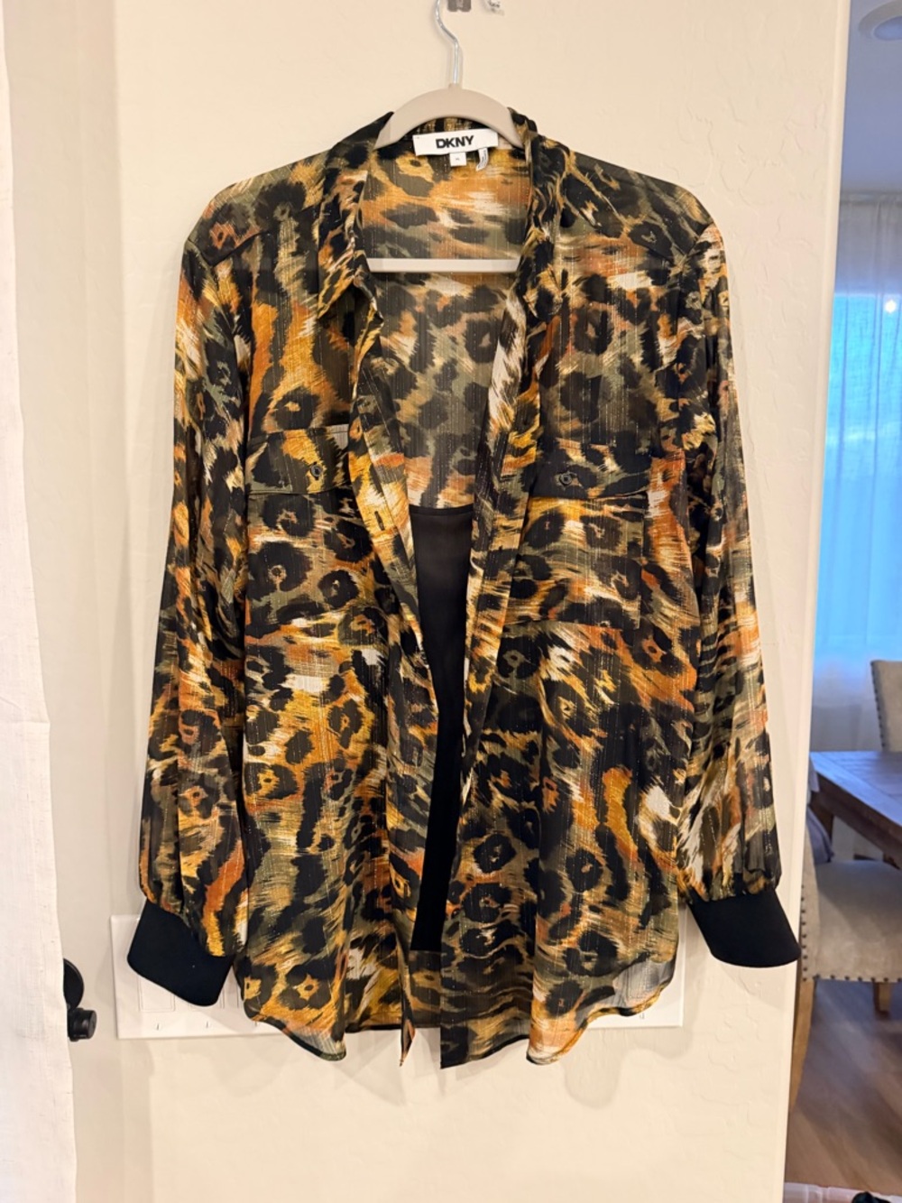 DKNY Sheer Animal-Print Blouse in Black and Gold-Tan